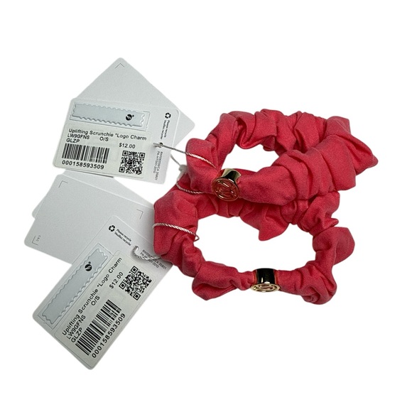 lululemon athletica Accessories - Lululemon Uplifting Scrunchie Logo Charm Set – bundle of 2, Glazed Pink NWT